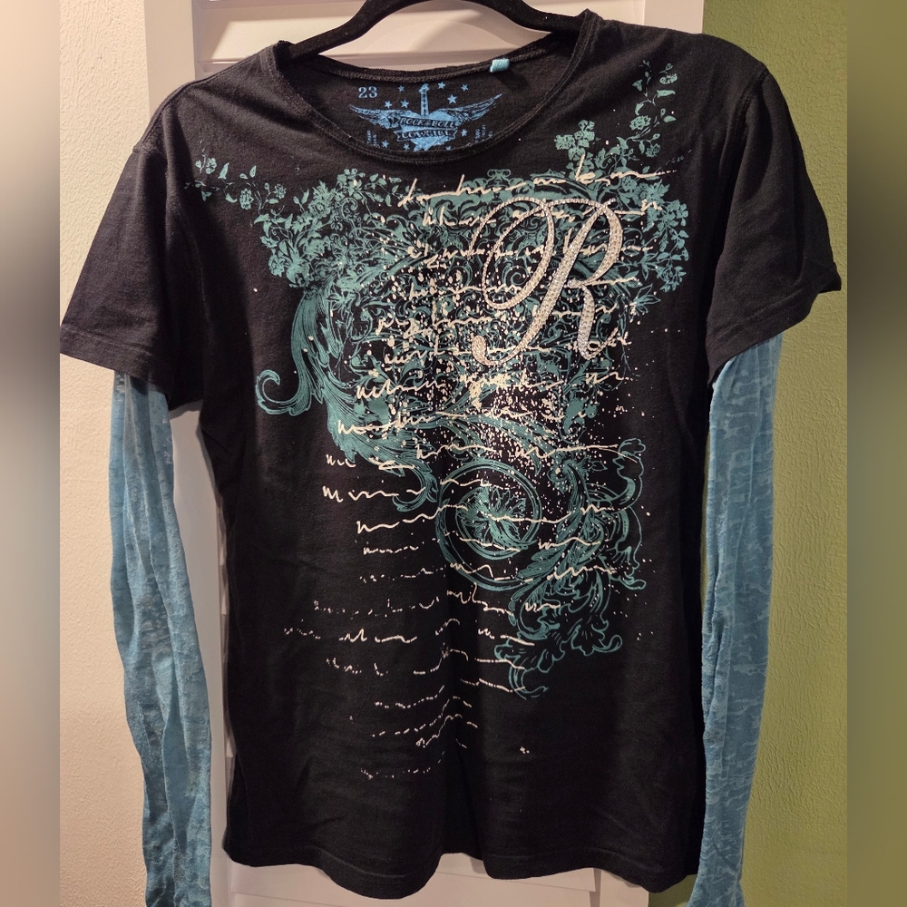 Rock & Roll Cowgirl Top Large Black Embellished Floral Busy Tee Shirt